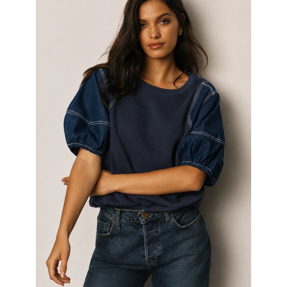 Pilcro Anthropologie Navy Denim Puff Sleeve Top XXS Mixed Media Boho Casual